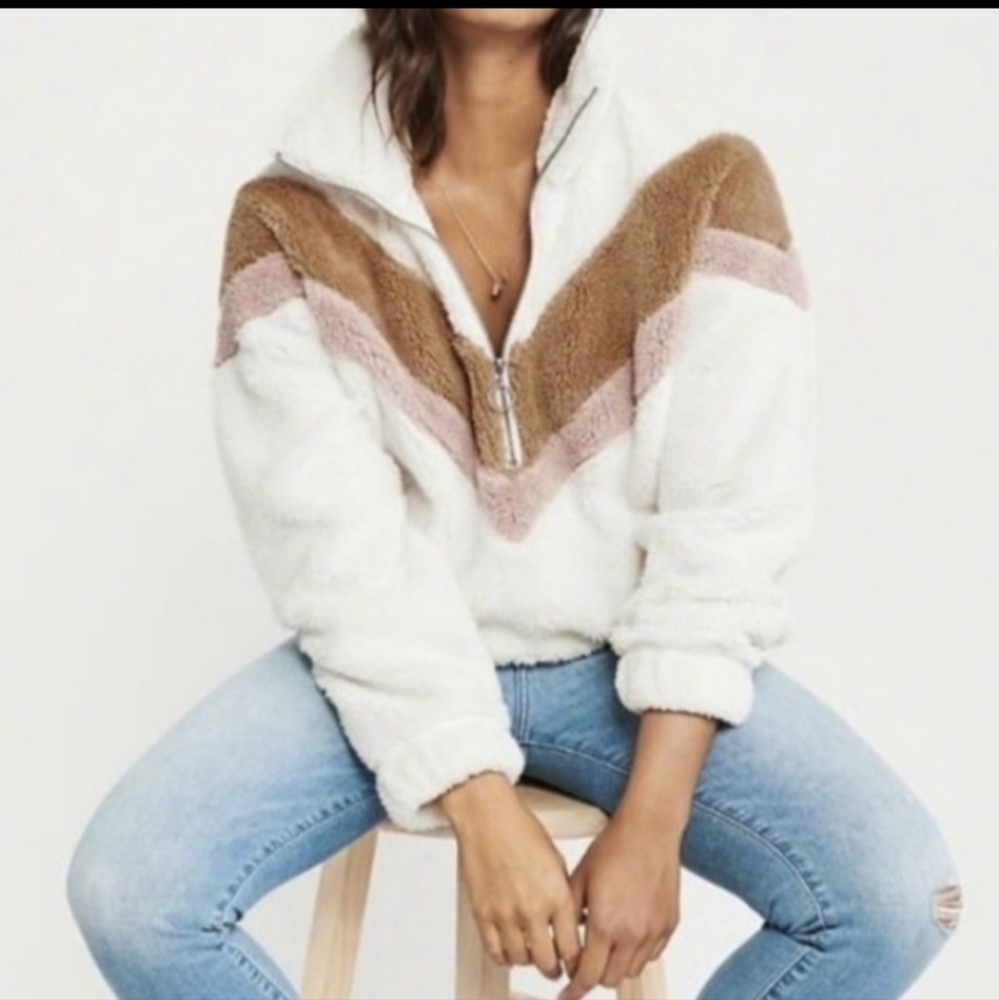 Abercrombie & Fitch Pink and Brown Stripe Sherpa Pullover Women's Size XL